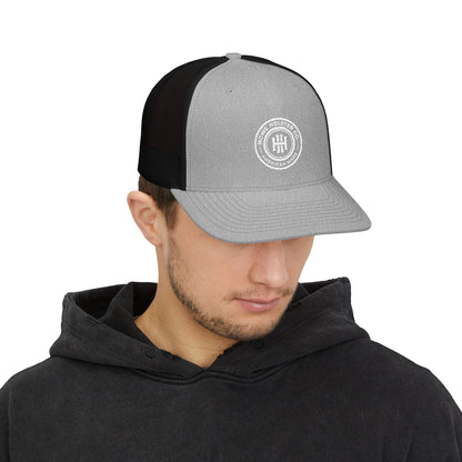 Round Logo Snapback Trucker Cap | Embroidered Patch, Mesh Back