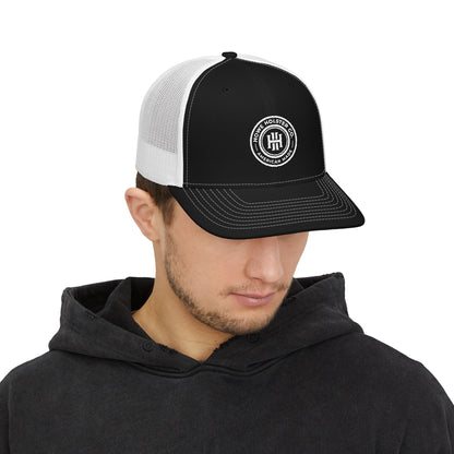 Round Logo Snapback Trucker Cap | Embroidered Patch, Mesh Back