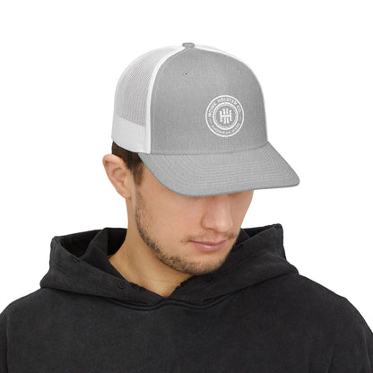 Round Logo Snapback Trucker Cap | Embroidered Patch, Mesh Back