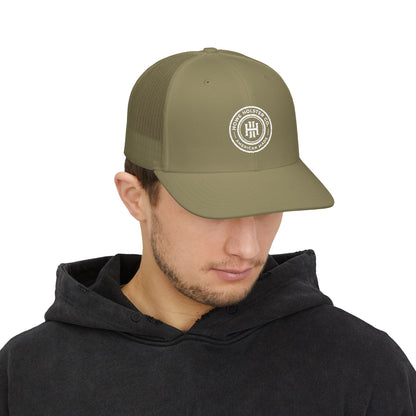 Round Logo Snapback Trucker Cap | Embroidered Patch, Mesh Back