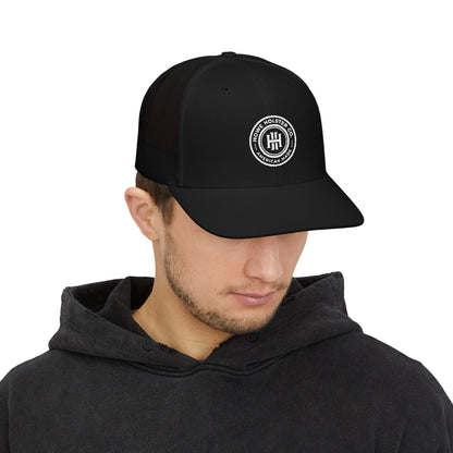 Round Logo Snapback Trucker Cap | Embroidered Patch, Mesh Back